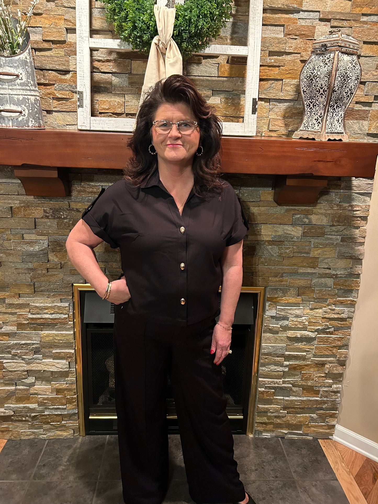 High waist Black pant & gold button top set