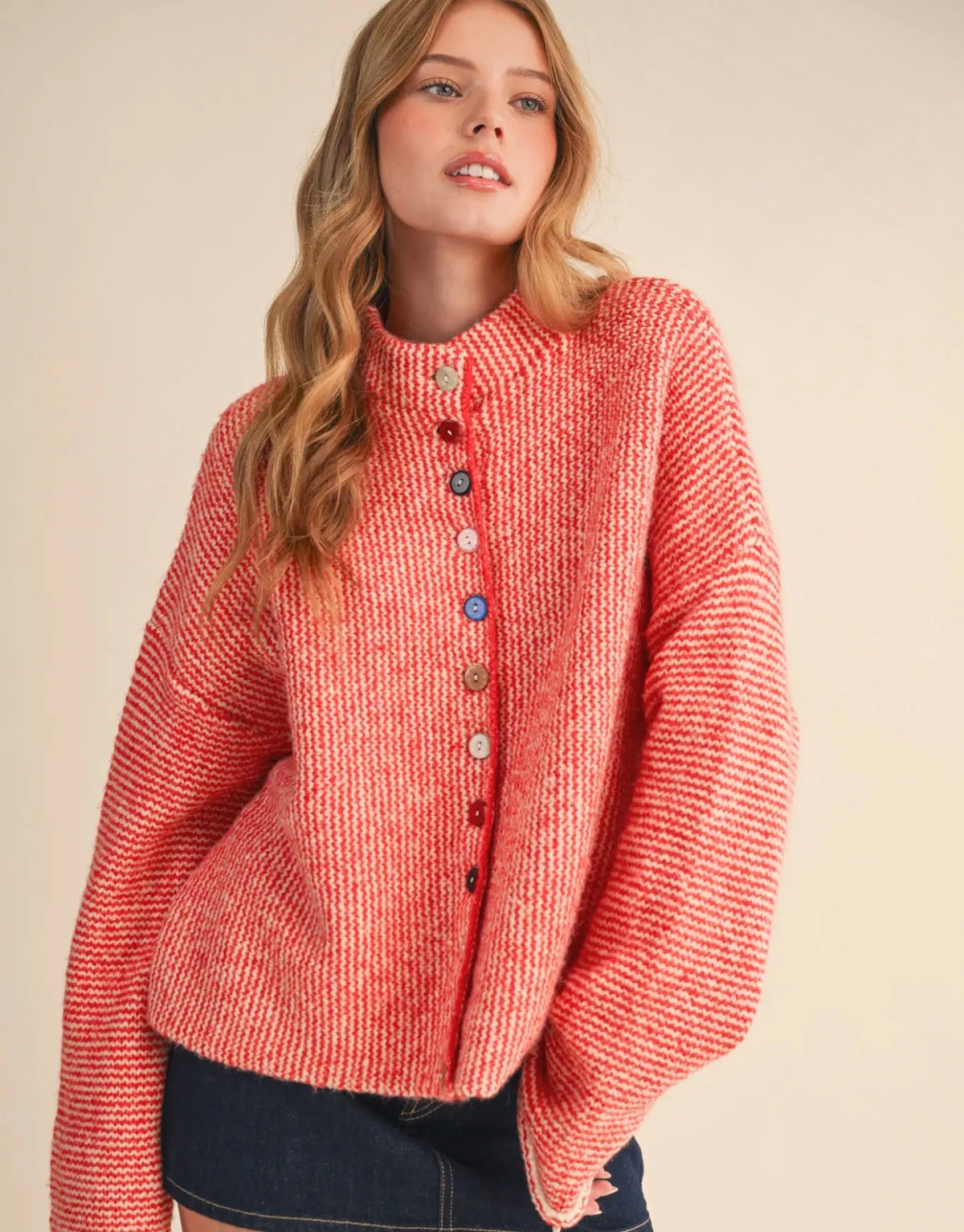 Red knit rainbow button cardigan