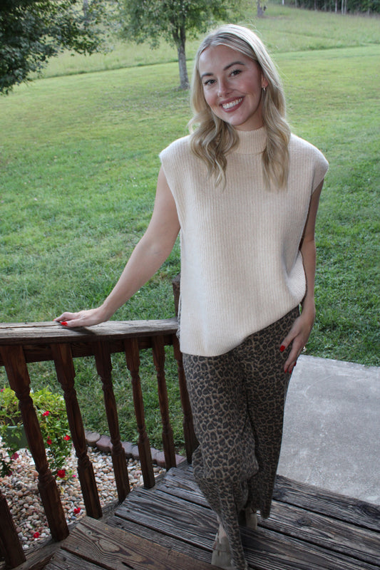 tan mock neck sleeveless sweater