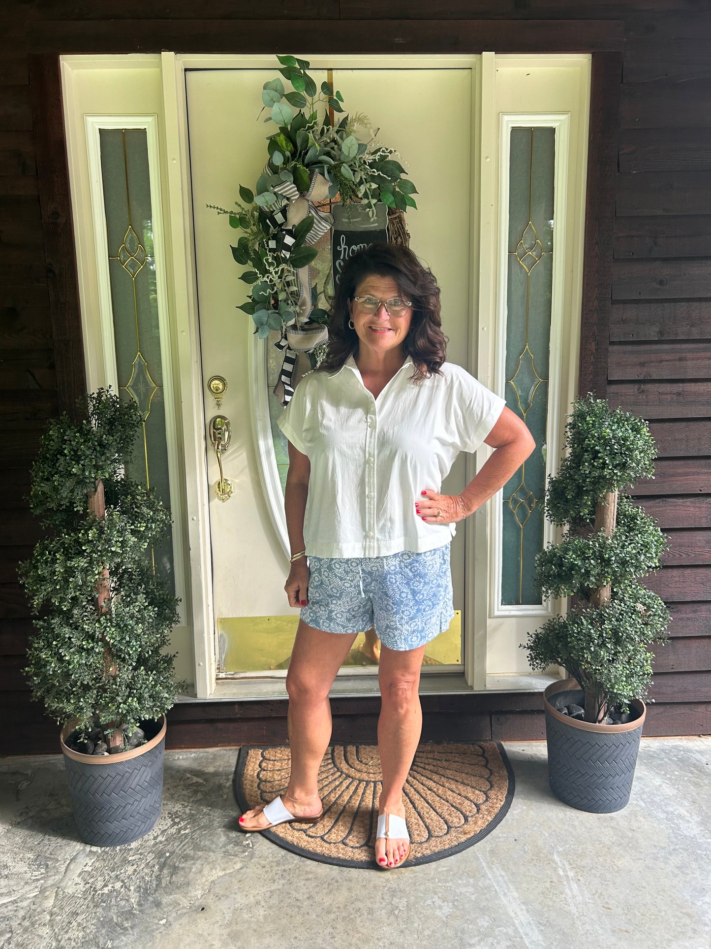 White linen short sleeve button up