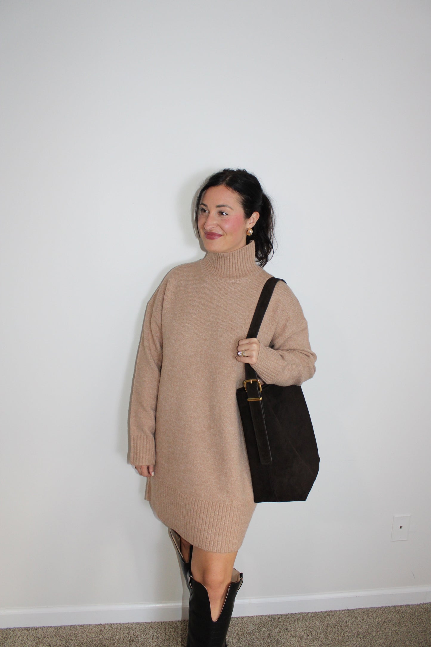 Tan turtleneck sweater dress