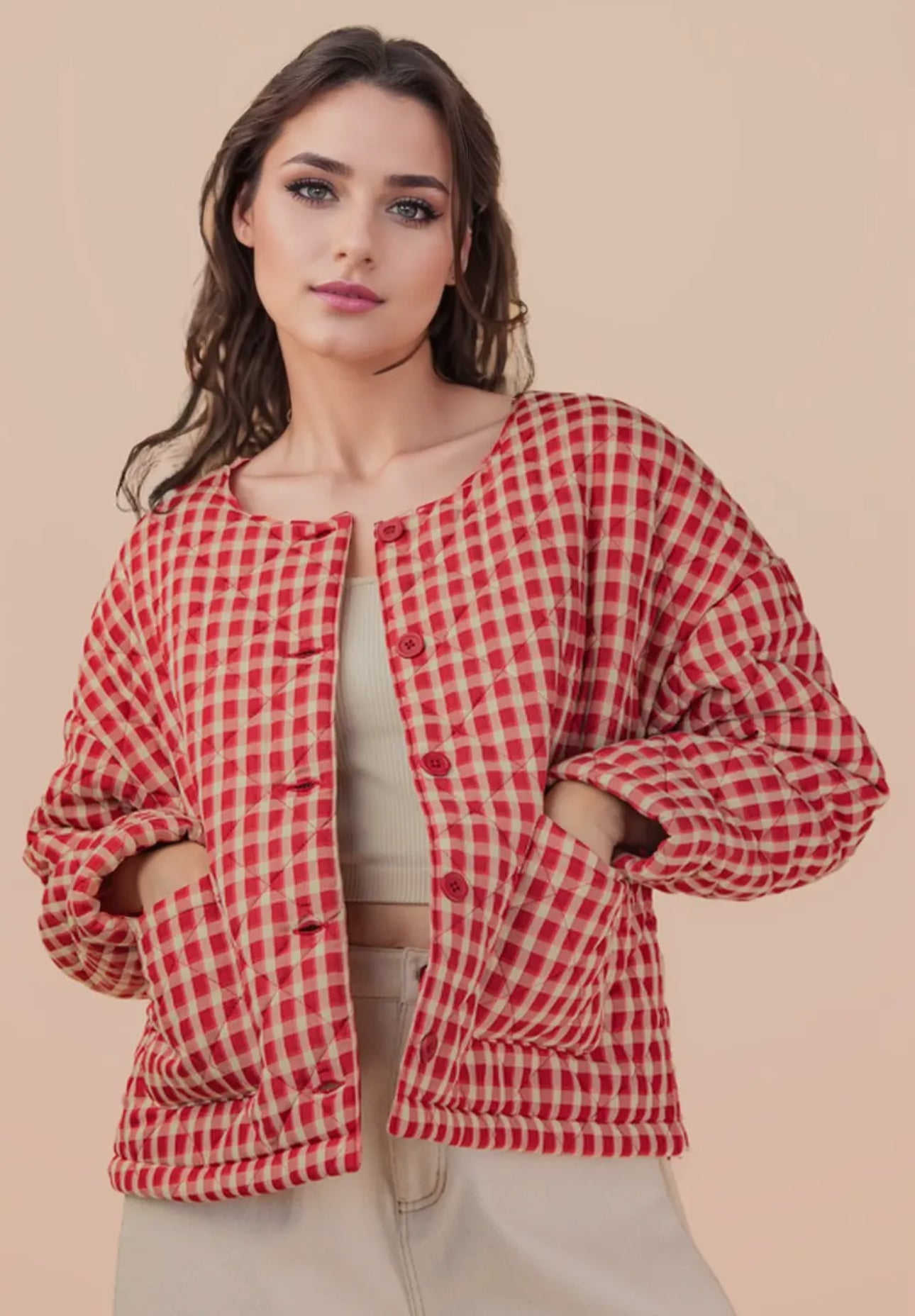 Red gingham quilted coat