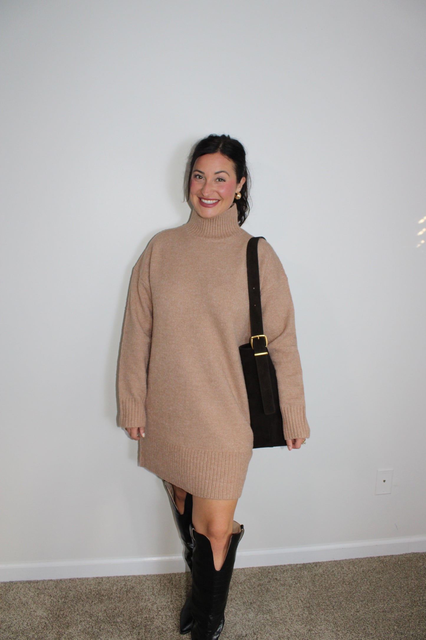 Tan turtleneck sweater dress