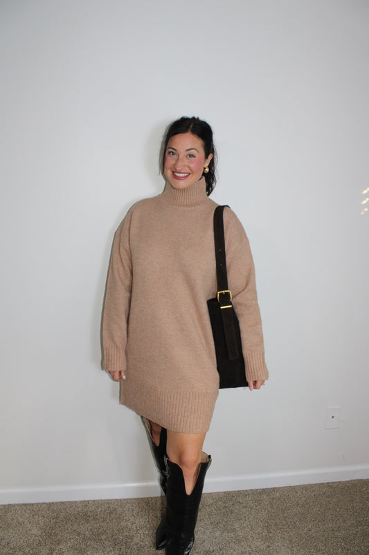 Tan turtleneck sweater dress