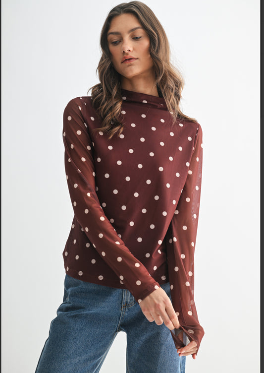 Chocolate polka dot mesh top