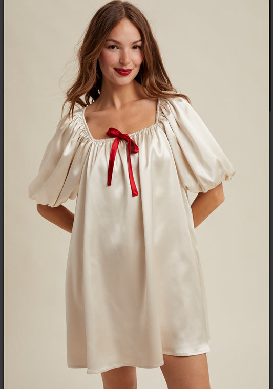 Holiday bow satin mini dress