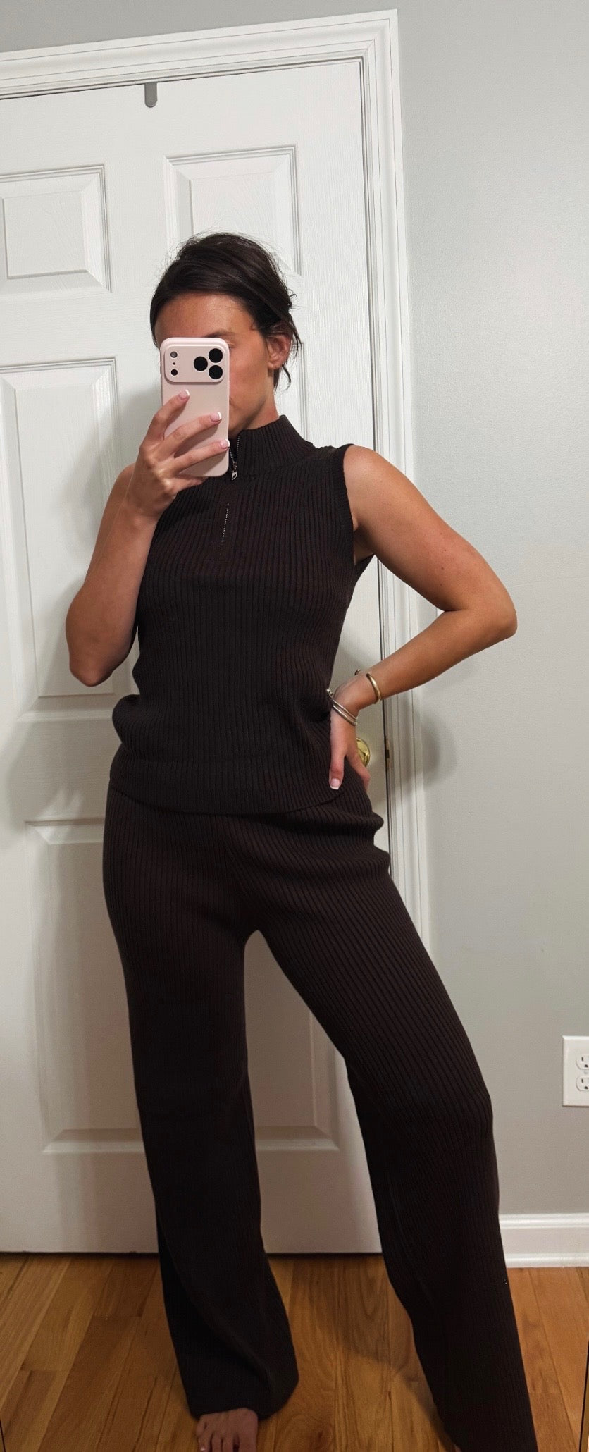 Brown sleeveless ribbed pant set