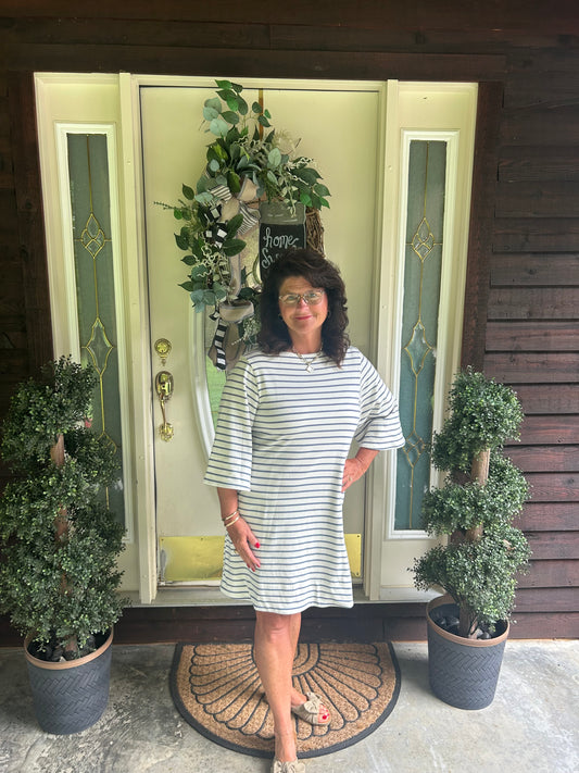 Blue striped bell sleeve dress
