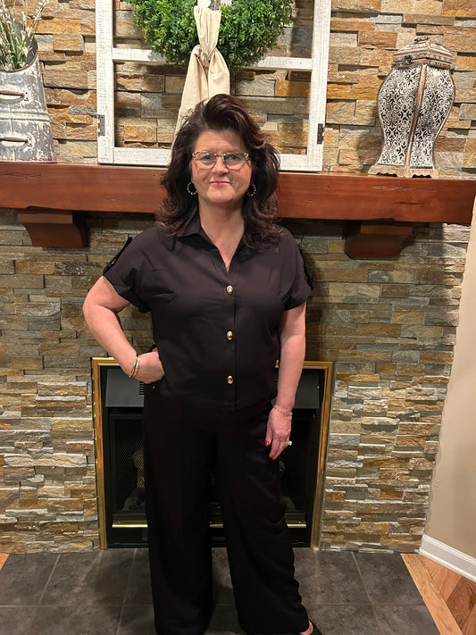 High waist Black pant & gold button top set