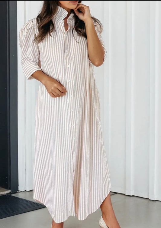 Khaki stripe linen maxi