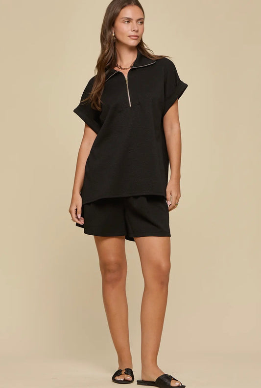 Black half zip shorts set