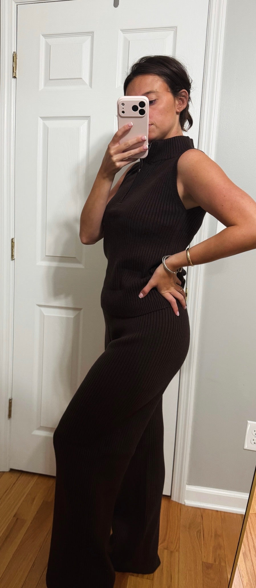 Brown sleeveless ribbed pant set