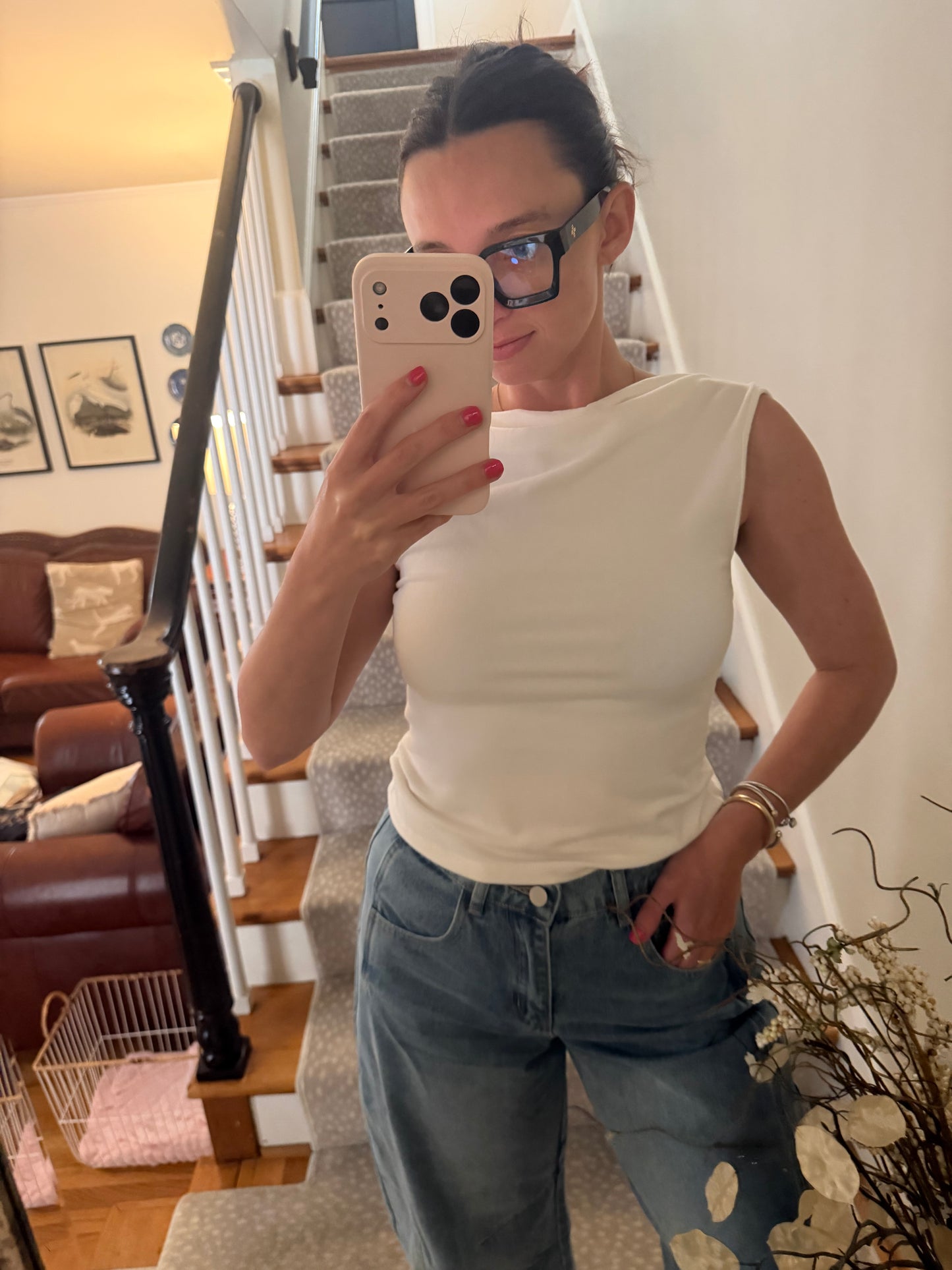 white scoop neck sleeveless top