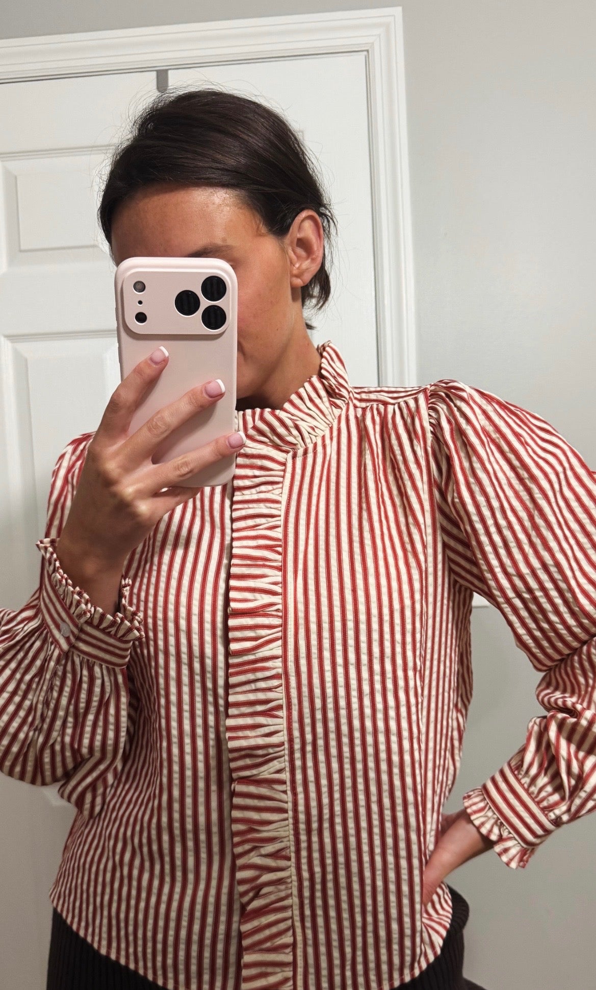 Red stripe ruffle blouse