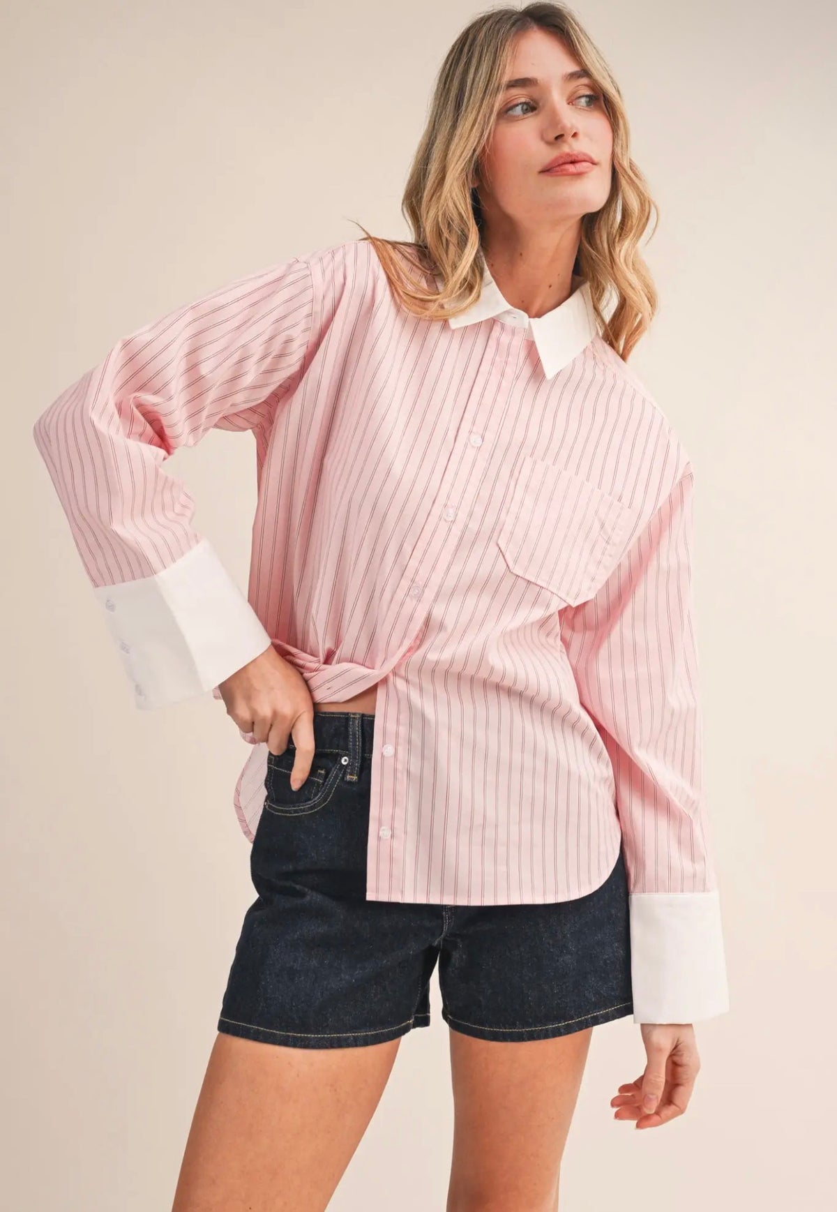 Pink pin stripe button down
