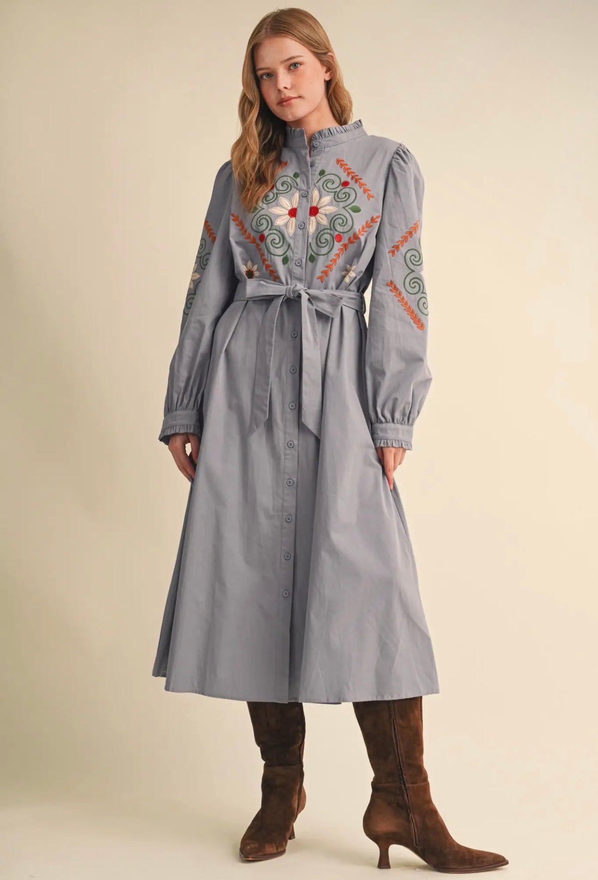 Embroidery belted dress