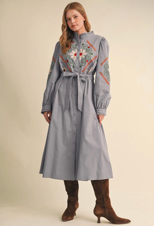 Embroidery belted dress