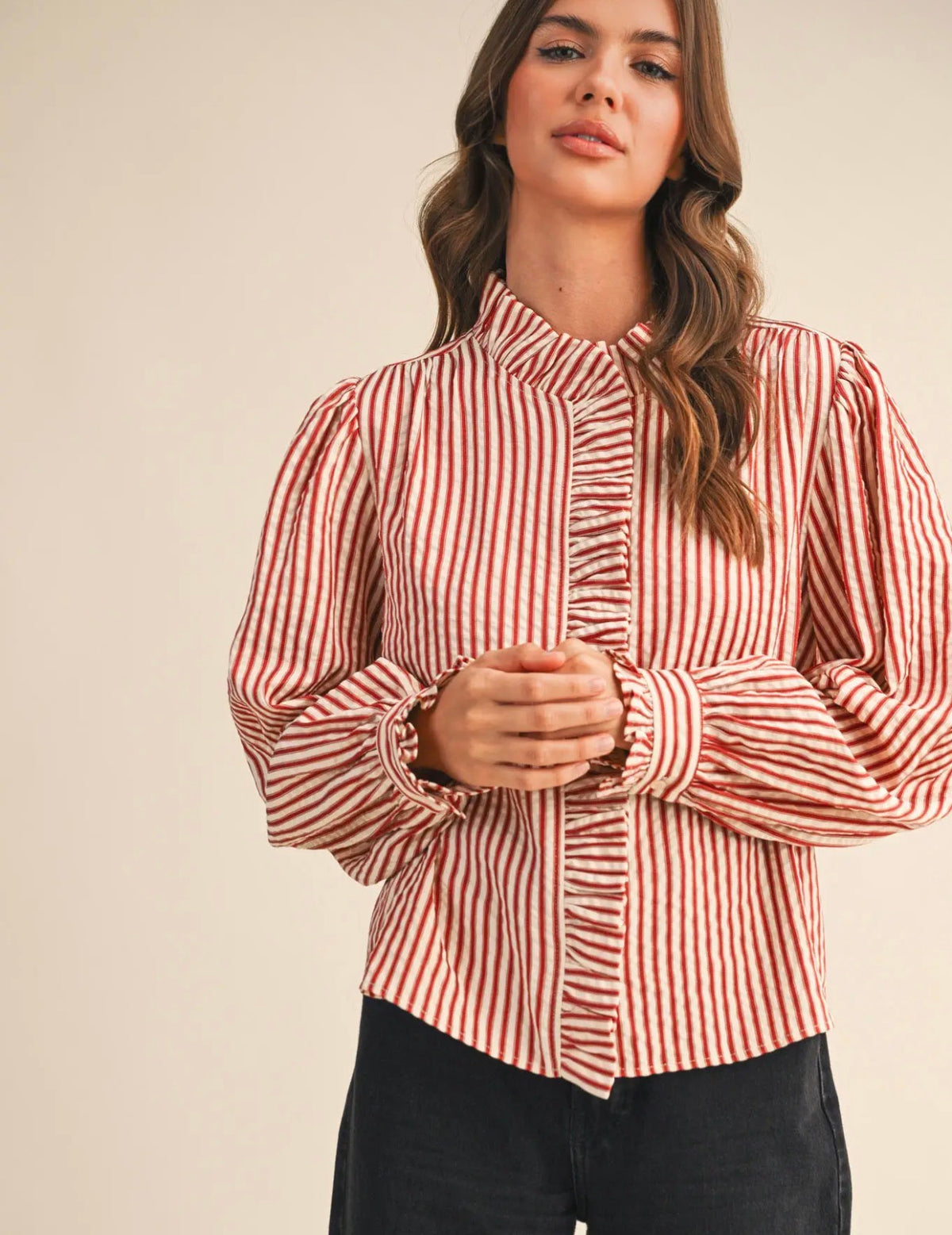 Red stripe ruffle blouse