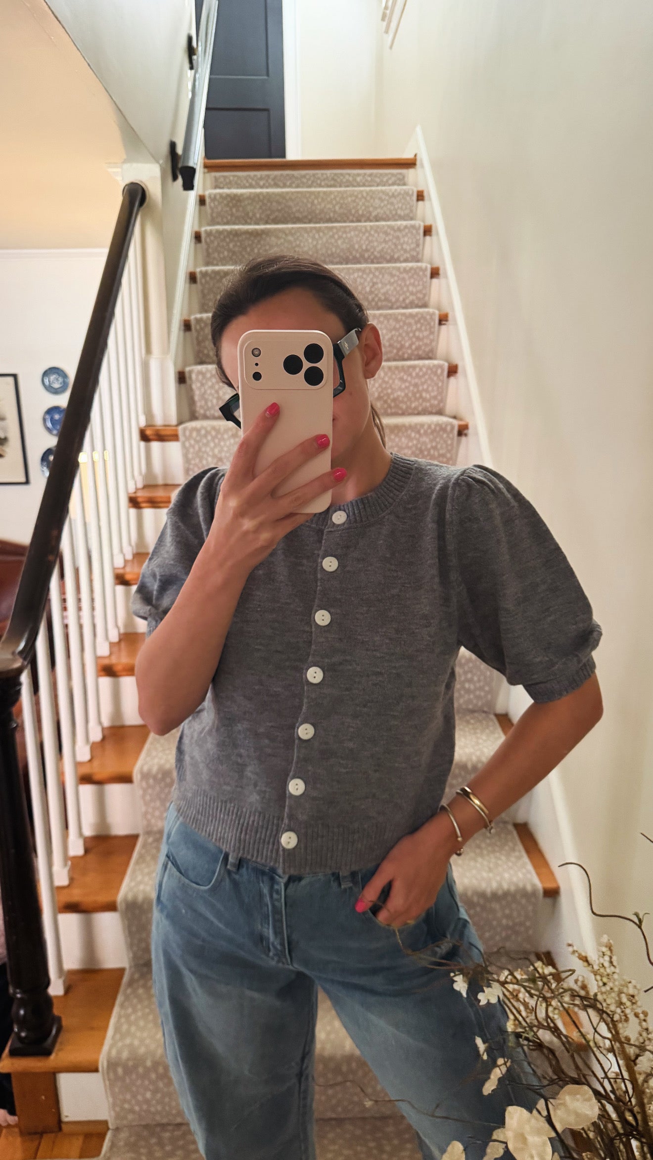 Grey button short sleeve cardigan