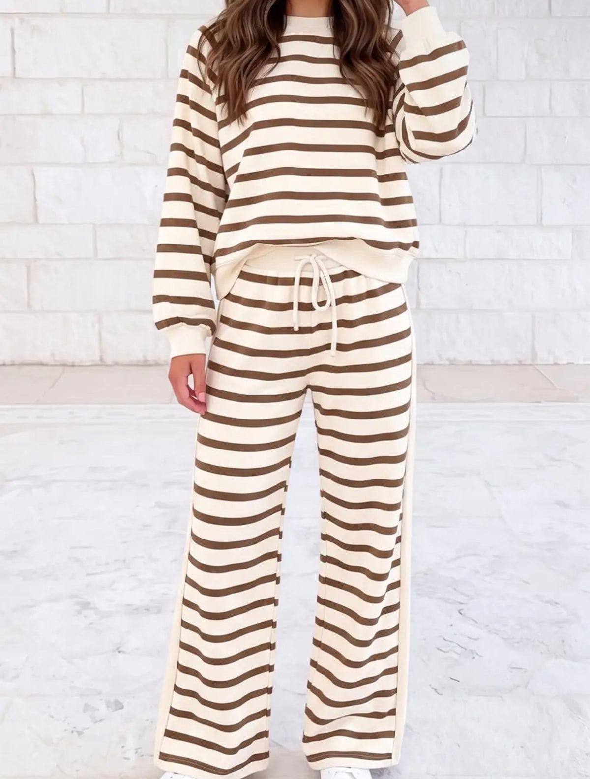 Brown & white stripe pant set