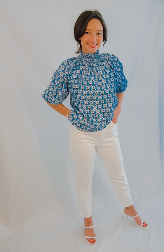 Mod's Mahal Smocked Up Blue Top
